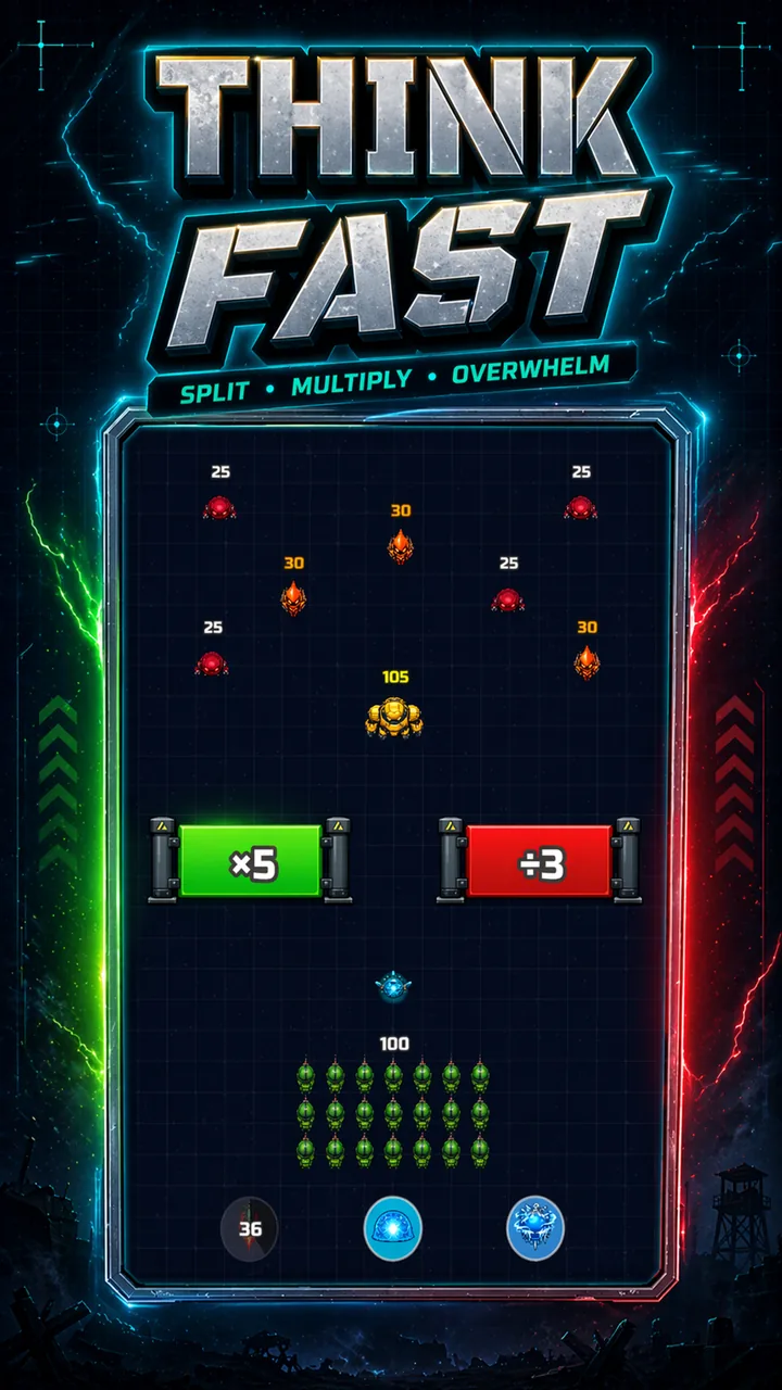 Gate Militia gameplay showing math gates with multiplier and divider operators